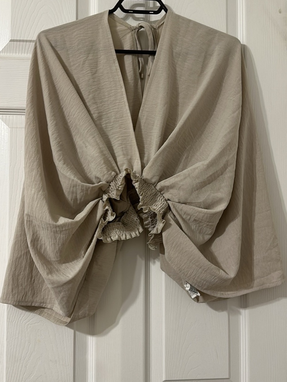 SHEIN Beige Tie-Back Cropped Blouse with Balloon Sleeves